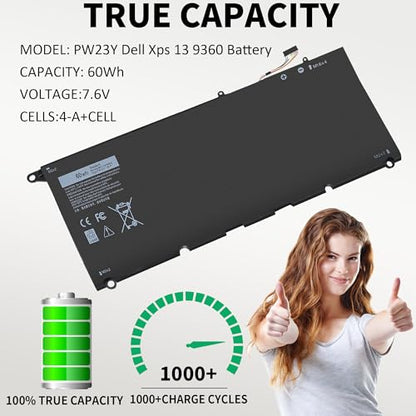 New PW23Y Laptop Battery Replacement for Dell XPS 13 9360 P54G002 13-9360-D1605G 13-9360-D1605T 13-9360-D1609 13-9360-D1609G 13-9360-D1705G Series Rechargeable TP1GT RNP72 0RNP72 0TP1GT - size: 8.1 x 5.3 x 0.3 inches PW23Y BATTERY