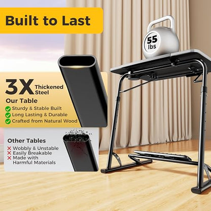 Upgraded Folding TV Tray Table, Extra Large & Sturdy Laptop Table for Couch | Height & Angle Adjustable Desk for Dinner, Work & TV - Includes Footrest, Cup Holder, iPad Holder & Edge Stopper - color: (Black) - Dark Wood Mahogany