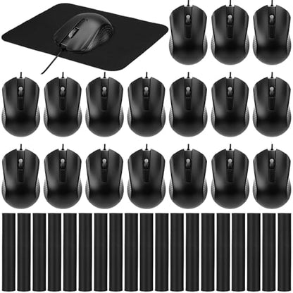 Tallew 20 Pack USB Wired Mouse with 20 Mouse Pads, 3-Button Corded Computer Mice Bulk for PC Desktop, Laptop, Office, School Classroom Use, Black
