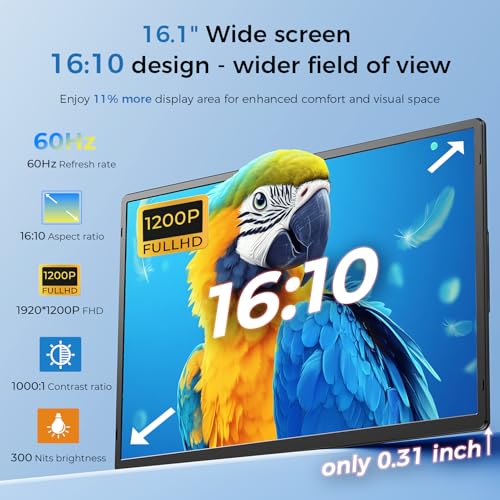 Laptop Screen Extender 16.1", 1200P FHD, Portable Monitor 360° Rotating Detachable Stand, Height Adjustable Monitor Extender for Laptop 13-17.5", Plug-Play for Tablet, PC, Phone, etc