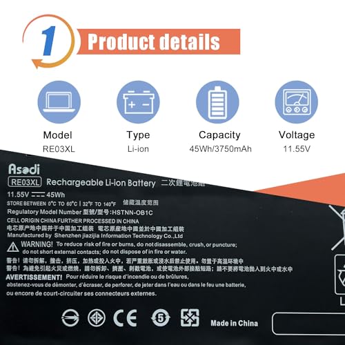 ASODI 45Wh RE03XL L32656-005 Laptop Battery Compatible with HP ProBook 450 G6 430 440 445 455R 430 440 445 450 G7 Series HSTNN-OB1C L32407-AC1 HSTNN-UB7R L32407-2B1 L32407-541 L32656-002 HSTNN-DB9A - size: 8.70*5.20*1.26 inches RE03XL
