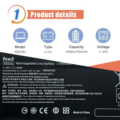 ASODI 45Wh RE03XL L32656-005 Laptop Battery Compatible with HP ProBook 450 G6 430 440 445 455R 430 440 445 450 G7 Series HSTNN-OB1C L32407-AC1 HSTNN-UB7R L32407-2B1 L32407-541 L32656-002 HSTNN-DB9A - size: 8.70*5.20*1.26 inches RE03XL