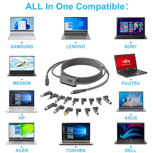7Ft USB C to DC Adapter with Adjustable Output 5V-9V-12V-15V-20V-28V PD Fast Charging Cable Universal Charger 15PCS Connecor Tips DC Cable Kit Fit for Laptop Chromebook Phone Speaker USB Hub