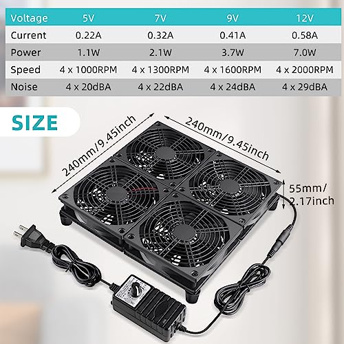 Wathai 120mm x 4 Router TV Box Fan 110v 240v Big Airflow Speed Controller | High Speed 4 IN 1 Fan for DIY Gaming Consoles, Amplifiers, Xbox, Laptop Stand, Mining Machines Devices Cooling - style: 120mm x 4 Fan