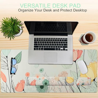 Petmolico 4-in-1 Wrist Rest Set with Desk Pad, Light Brown Big Flower | Non-slip PU base, soft Lycra & memory foam, ergonomic pain relief, great for home/office - color: Green