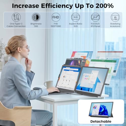 KEFEYA Laptop Screen Extender, FHD 1080P Laptop Monitor Extender Dual Screen, 15.6” Detachable Portable Monitor for Laptops 13-17" with USB-C/HDMI Port, Plug n Play for Windows/Mac/Android/Switch/PS5