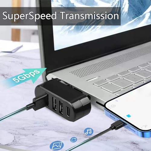 USB 3.0 Hub [90°/180° Degree Rotatable], 4-Port USB Splitter Extender with 3 USB Ports & 1 USB C Power/Data Port, USB Hub for Laptop, Car, MacBook Pro/Air/Pro