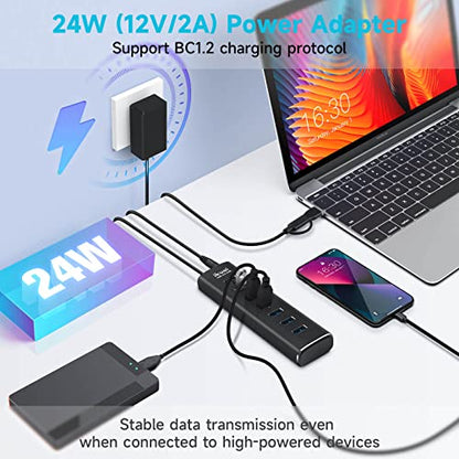 7-Port Powered USB 3.0 Hub with 2-in-1 Connector to Host | Aluminum USB Hub Splitter with AC Adapter LED On/Off Switches and 3.3ft Long Cable for Laptop, Mac, PC, Mobile HDD - size: 7-Port USB 3.0 Hub