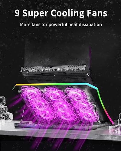 KeiBn Laptop Cooling Pad, Gaming Laptop Fan Cooling Pad with 9 Quiet Fans, RGB Laptop Cooler for 15.6-17.3 Inch, Cooling Pad for Laptop with 7 Height Stands, 2 USB Ports, Phone Stand-Purple