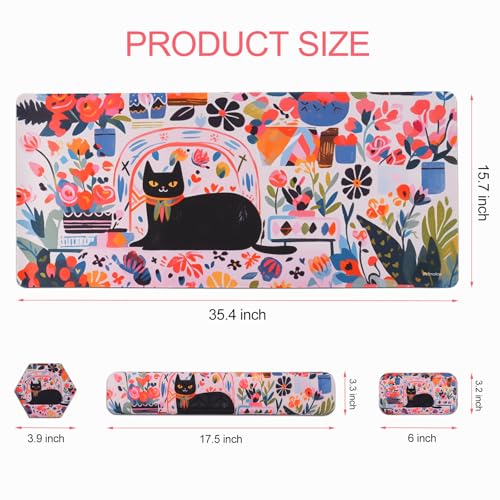 Petmolico 4-in-1 Wrist Rest Set with Desk Pad, Cat and Flowers | Non-slip PU base, soft Lycra & memory foam, ergonomic pain relief, great for home/office - color: Rose