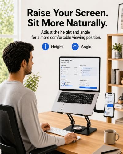 2-in-1 Laptop Stand with Phone Holder, 360° Swivel Laptop Riser for Desk | Fits 10-16 Inch Laptops, Height and Angle Adjustment, Carbon Steel Frame, Silicone Contact Pads, Fold-Flat Storage, 1 Pack
