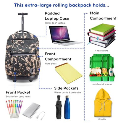 J World Sundance Laptop Rolling Backpack for Girls Boys. Roller Bookbag with Wheels, 20 Inch, Green Camo - color: Green Camo