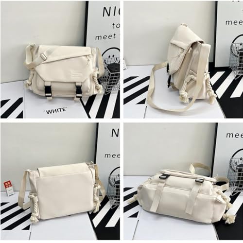 Aesthetic Crossbody Bag with Cute Pins and Ornament, Nylon Shoulder Messenger Bag Japanese Kawaii Bag for Women Men - color: L-white-fit Laptop