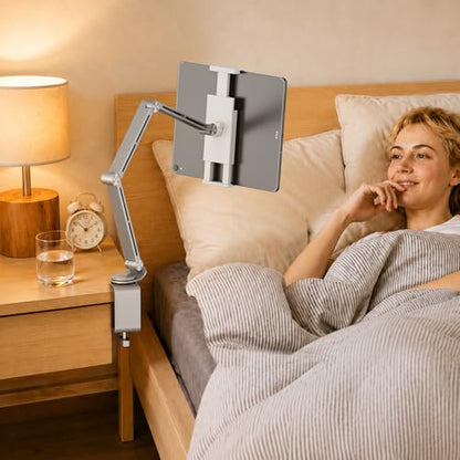 Houele Tablet Stand Holder for Desk iPad Stand Desk Mount, Silver | Adjustable Foldable Tablet iPad Arm Mount Phone Holder with 360°Rotate Base, Compatible with Tablets or Other 4-15.6" Device - color: Silver