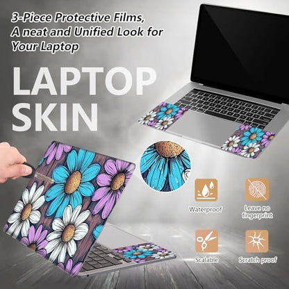 Laptop Skin Sticker for 12.1”-15.6“ Laptops (Fits 13”, 13.3”, 14”, 15”, 15.4”) | Protective Universal Reusable Vinyl Art Decal Cover | Waterproof & Scratch-Resistant-Purple Blue White Daisy on Wood - color: Purple Blue White Daisy on Wood