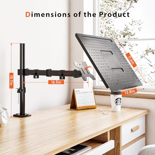 BONTEC Laptop Arm for Desk, 13-32 Inch, 22lbs, VESA 75/100 Compatible | Fully Adjustable Monitor Arm with Vented Tray for LCD Screens and Notebook up to 17", Dual Mounting Options - size: Single