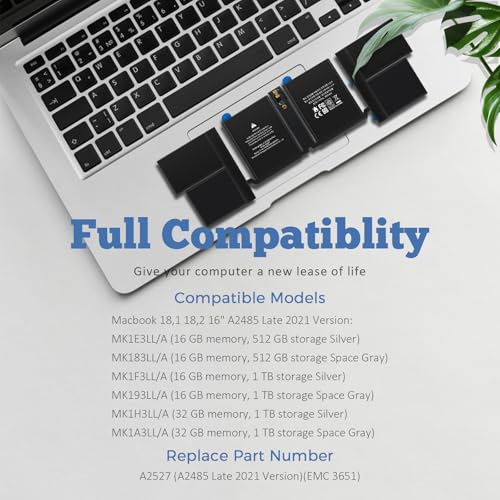 TREE.NB A2485 A2527 Laptop Battery for Apple MacBook Pro 16 inch A2485 (Late 2021) EMC3651, EMC3651 MK1E3LL/A MK183LL/A MK1F3LL/A MK193LL/A MK1H3LL/A MK1A3LL/A - size: 11.97x3.58x0.33inch A2527