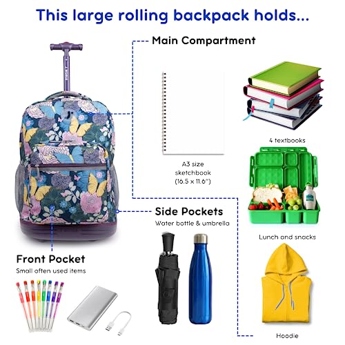 J World Sunrise Kids Rolling Backpack with Wheels for Girls Boys, Roller Bookbag for School, 18 x 13 x 9 Inches, Secret Garden - color: Secret Garden