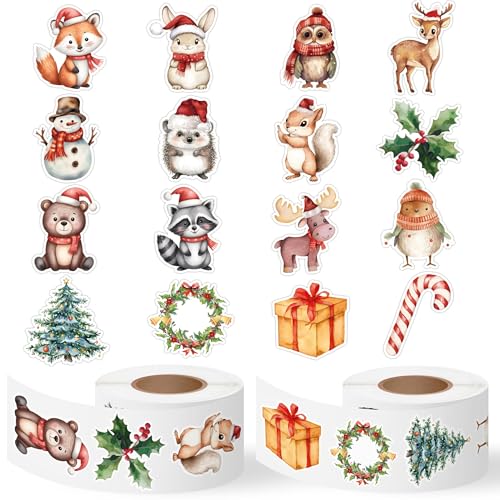 Haooryx Christmas Animal Sticker Roll - 1000 Pcs Watercolor Forest Animals Waterproof Vinyl Reusable Laptop Stickers Coloring Book Scrapbook Water Bottle Page Activity Pad Party Favors Gift Skateboard - style: Christmas Animal