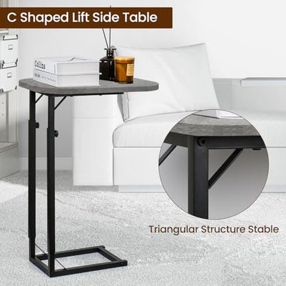 C-Shaped End Table for Couch, Adjustable Sofa Side Table with Sturdy Metal Frame, Small Space Rustic Gray TV Tray Table for Living Room, Bedroom, Bedside, Modern Functional Accent Furniture - color: Rustic Gray