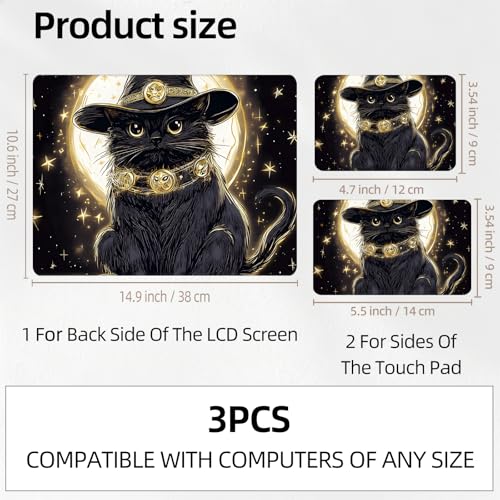 Black Cat with Moon Magic Universal Laptop Skin Sticker 3PCS, Protective Decal Trim-to-Fit 11.6" 13.3" 14" 15.6" Laptop Vinyl Cover, Removable Anti-Scratch Computer Decal Protector - color: Black Cat with Moon Magic