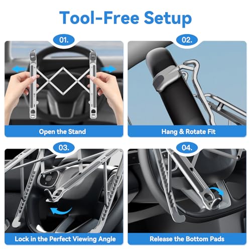 Car Laptop Desk for Steering Wheel, Heavy Duty Aluminum Foldable Tray & Workstation, Height Adjustable Computer Mount Holder for Truck SUV Tesla, Portable Travel Table