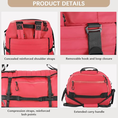 Vomgomfom 86L Collapsible Wheeled Duffle Bag Waterproof, Red | Detachable Backpack Straps, Padded Laptop Sleeve, Quilted Reinforced Base, U-Shape Mesh Pocket, Shoe Compartment - color: Red