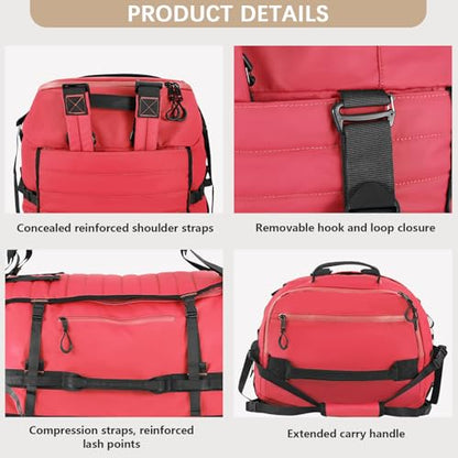 Vomgomfom 86L Collapsible Wheeled Duffle Bag Waterproof, Red | Detachable Backpack Straps, Padded Laptop Sleeve, Quilted Reinforced Base, U-Shape Mesh Pocket, Shoe Compartment - color: Red