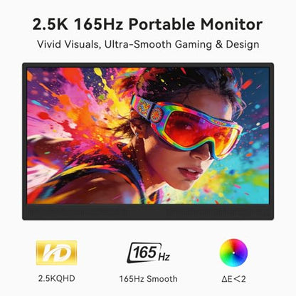 JUSTTHINK 15.6" Portable Monitor, FHD IPS Gaming Monitor 2.5K 165Hz | Travel Monitor with Stand, Plug & Play USB-C/HDMI External Second Screen Travel Monitors for Laptop, PS5, Xbox, Switch - size: 15.6"