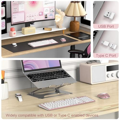 Rechargeable Wireless Keyboard and Mouse, with Number Pad Rose Pink | Quiet Silent, Slim Thin Flat Low Profile Soft Key, USB C, with Skin Cover, Ergonomic Mouse, for Mac Windows PC, Home Office - color: Pink Rose Gold