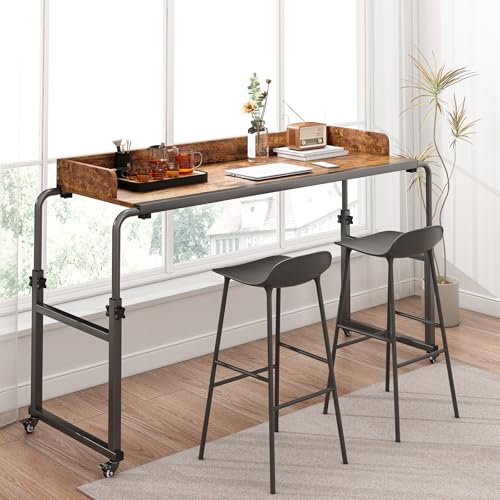 LINGMI Kids and Adult Desk, Overbed Table with Wheels, Bed Desk Recliner Table Adjustable Height Laptop Table, Queen King Size Over The Bed Table with Metal Leg(Rustic Brown) - color: Rustic Brown