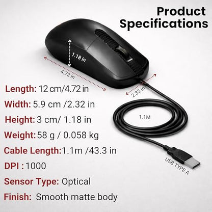 RED STAR TEC Wired Office Mouse, USB, Corded, Black, WM-127B