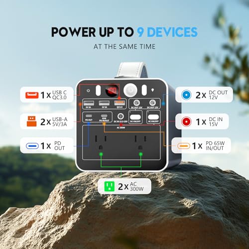 300W Portable Power Station, 299.7Wh Portable Laptop Charger with AC Outlet, Dual Way 65W PD/USB-C Port, Battery Pack Power Supply, Solar Generator for Outdoor Camping Home - size: Medium