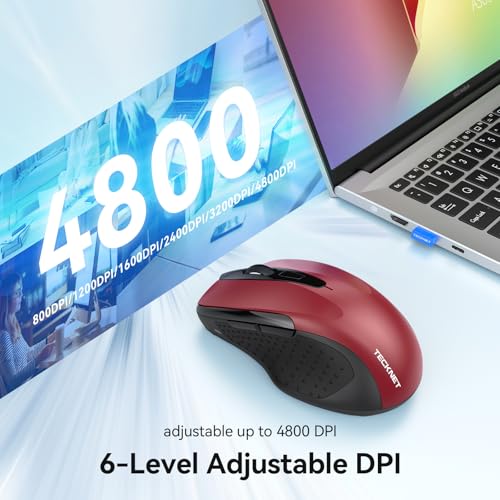 TECKNET Rechargeable Jiggler Wireless Mouse (BT5.0/3.0 & 2.4G) 4800 DPI Silent USB A & Bluetooth Mouse 6 Buttons, Wide Compatibility - Red - color: Red