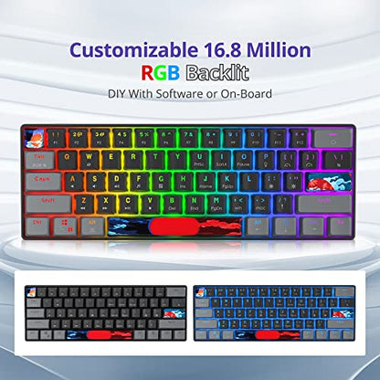60% Mechanical Keyboard Grey and Black, Compact 60 Percent Gaming Keyboard RGB Backlit, 61 Keys Mini Keyboard, USB Wired Office Keyboard for Windows Mac Laptop PC (61 Dark/Red Switches) - color: 61 Dark/Red Switch