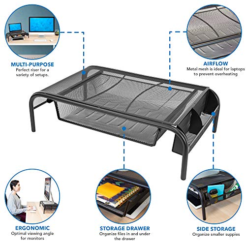 Mount-It! Metal Mesh Monitor Stand with Drawer, Ergonomic Desk Organizer and Riser for Monitors and Laptops, Desktop Stand with Extra Storage and Side Pocket, Black