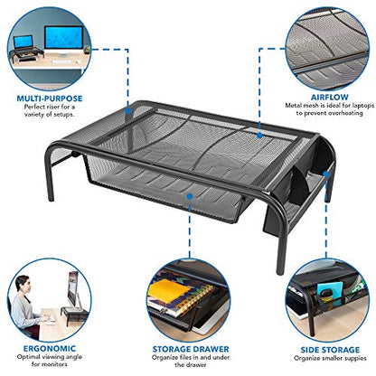 Mount-It! Metal Mesh Monitor Stand with Drawer, Ergonomic Desk Organizer and Riser for Monitors and Laptops, Desktop Stand with Extra Storage and Side Pocket, Black