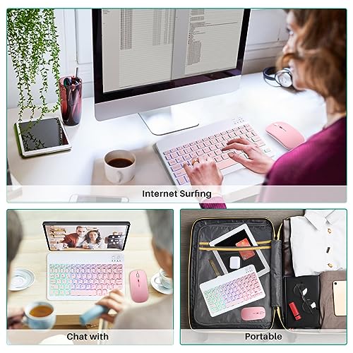 Bluetooth Keyboard and Mouse Combo for iPad - Rechargeable Wireless Keyboard & Mouse with 7-Color Backlit Compatible with iPad 9th/8th Gen, iPad Pro/Air/Mini, iPhone14/13/12 Pro,(10 inch Pink) - color: pink