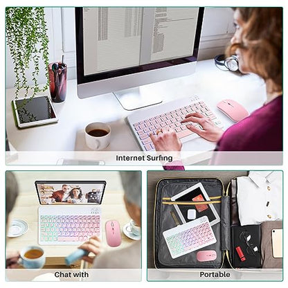 Bluetooth Keyboard and Mouse Combo for iPad - Rechargeable Wireless Keyboard & Mouse with 7-Color Backlit Compatible with iPad 9th/8th Gen, iPad Pro/Air/Mini, iPhone14/13/12 Pro,(10 inch Pink) - color: pink