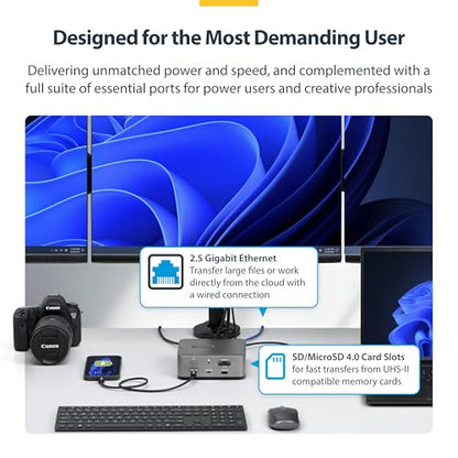 StarTech Thunderbolt 5 USB4 Dock, Dual 8K 60Hz, Triple 4K, 140W, 2.5GbE | Plug-and-play Windows 11 and macOS, Thunderbolt 5 Certified, Dual 6K on Mac, 120Gbps transfer, SD 4.0, 30W phone, USB 10Gbps