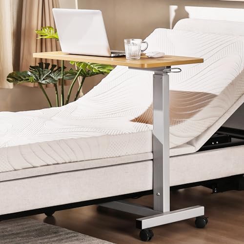 Overbed Table with Wheels Adjustable Height, Heavy Duty Hospital Table Over Bed for Home Use 70 Pounds Capacity - color: Beech Color