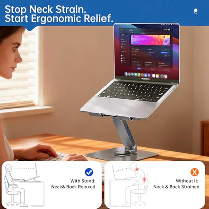 EJAY Foldable Laptop Stand with 4-Port (3A1C) Hub for MacBook Pro, | Ergonomic Aluminum | 360° Swivel Holder | Multi-Port Docking Station | Desk