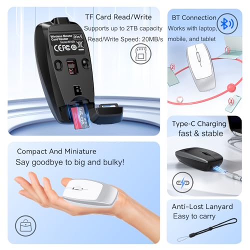 Wireless Mouse Mini Small Bluetooth Finger Mouse with TF Card Reader,Silent Pocket Portable Handheld Tiny Compact USB Travel Optical Mice for PC Laptop Computer Macbook Tablet Kids Women Men Gift - color: Silver