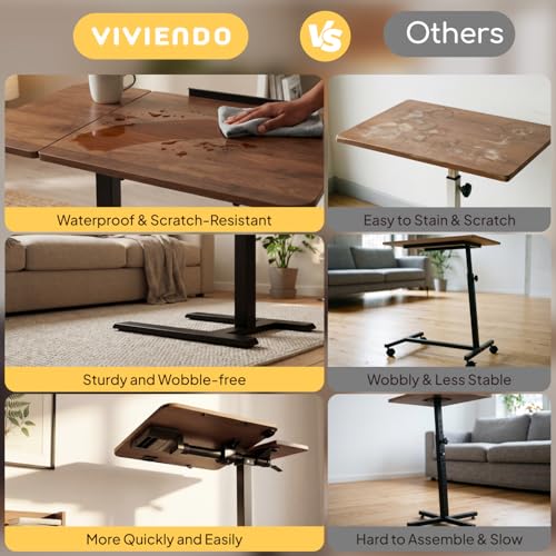 Overbed Table with Wheels, Height Adjustable Hospital Bed Table, Dual-Tiltable Rolling Laptop Desk for Bed, Hidden Casters H-Base Portable Side Table for Couch, Hospital & Home Office - color: Brown