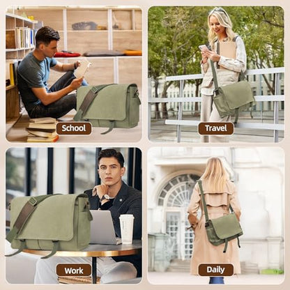 Messenger Bag for men Laptop Bag UnisexRetro Canvas Bag14-15.6 inches Casual single shoulder bag For Work College Travel - color: Army Green
