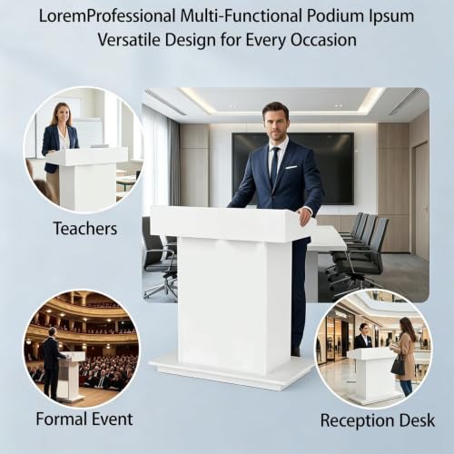 Podium Stand, Podium with Wheels, Floor Standing Speaking Poidum Lectern Stand, Church Pulpit with Storage, Office Wooden Reception Desk, Host Stand for School Conference | White - color: White