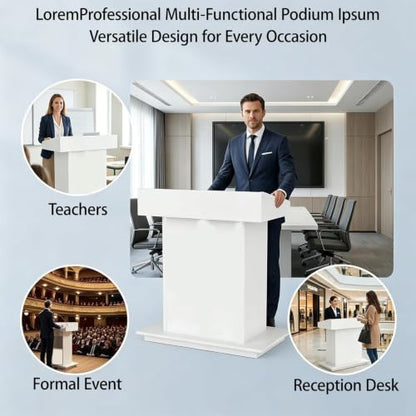 Podium Stand, Podium with Wheels, Floor Standing Speaking Poidum Lectern Stand, Church Pulpit with Storage, Office Wooden Reception Desk, Host Stand for School Conference | White - color: White