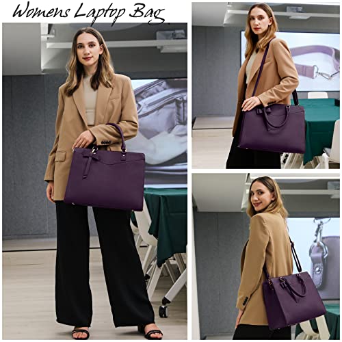 RAINSMORE Laptop Bag for Women 15.6 Inch PU Tote Bag Business Work Bag Waterproof Briefcase Computer Tote Lightweight Handbag Shoulder, Dark Purple - color: Dark Purple
