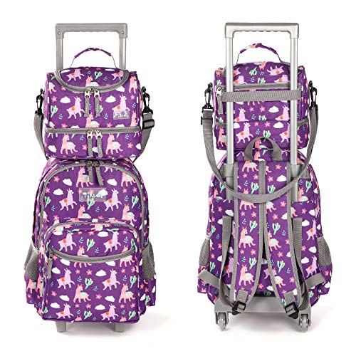 Tilami Rolling Backpack 18 inch Double Handle with Lunch Bag Wheeled Kids Backpack for Girls and Boys, Purple Alpaca - color: Purple Alpaca
