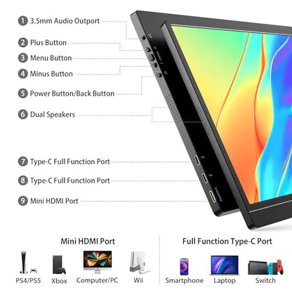 KYY Portable Monitor Latest 15.6'' FHD 1080P USB-C HDMI Laptop Monitor w/Smart Cover Bag & Dual Speakers, External HDR Computer Screen, Travel Gaming Monitor for PC MAC Phone Xbox PS4/5 Switch